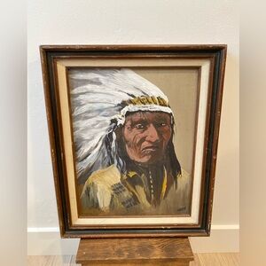 vintage native american indian cheif oil painting on board original art signed